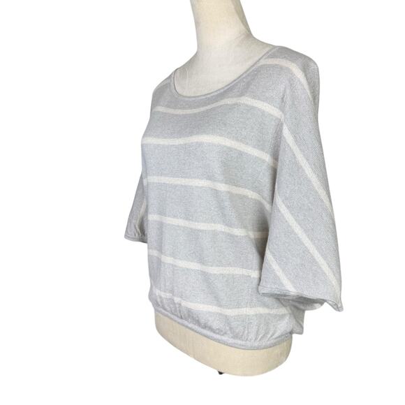 Beyond Vintage Gray Knit White Stripe Silver Sparkle Short Dolman Sleeve Sweater - Picture 2 of 12